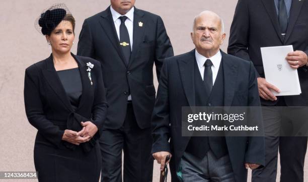 Princess Haya bint Hussein and Prince Hassan bin Talal at Windsor Castle on September 19, 2022 in Windsor, England. The committal service at St...