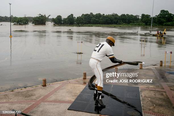 Parking area is seen flooded outside the Roberto Clemente Stadium after the passage of hurricane Fiona in Salinas, Puerto Rico, on September 19,...