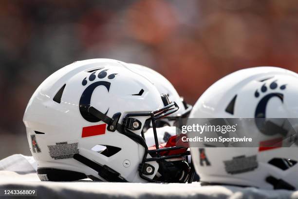 Cincinnati Bearcats helmet sits on the sideline during the game against the Miami Redhawks and the Cincinnati Bearcats on September 17 at Paycor...