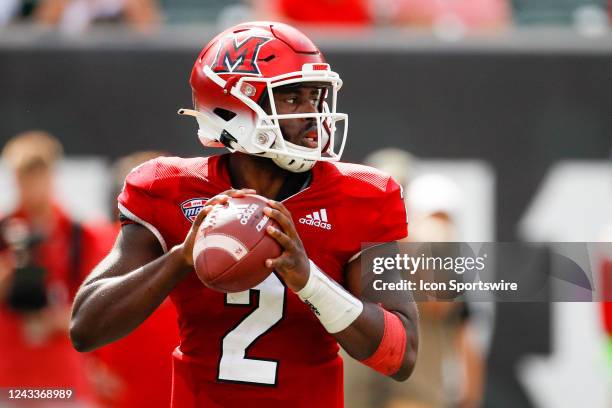 Miami Redhawks quarterback Aveon Smith looks to pass during the game against the Miami Redhawks and the Cincinnati Bearcats on September 17 at Paycor...