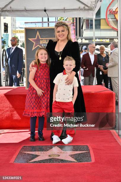Kelly Clarkson and children River Rose Blackstock and Remington Alexander Blackstock pose during the Star Ceremony for Kelly Clarkson on the...