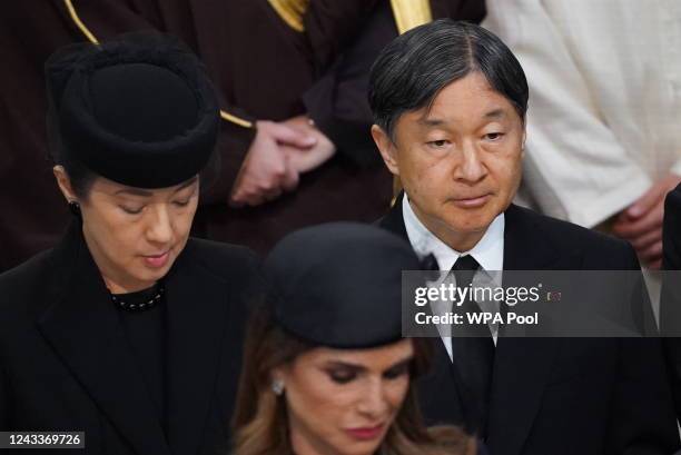 Emperor Naruhito of Japan and Empress Masako of Japan attending the State Funeral of Queen Elizabeth II, held at Westminster Abbey on September 19,...