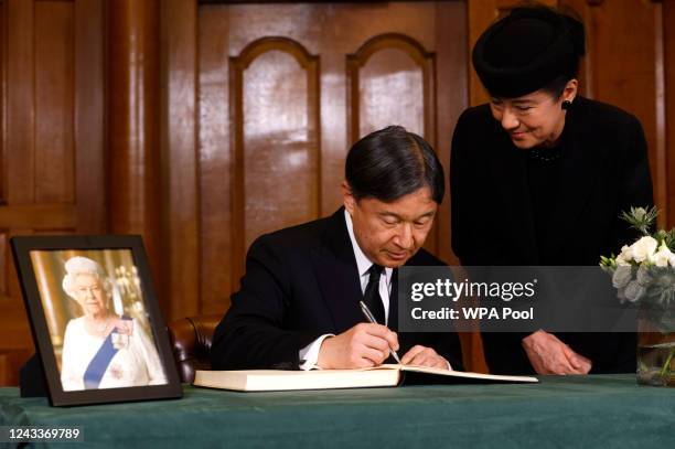 Emperor of Japan, Naruhito, and wife Empress, Masako, sign a book of condolence at Church House following the State Funeral of Queen Elizabeth II on...