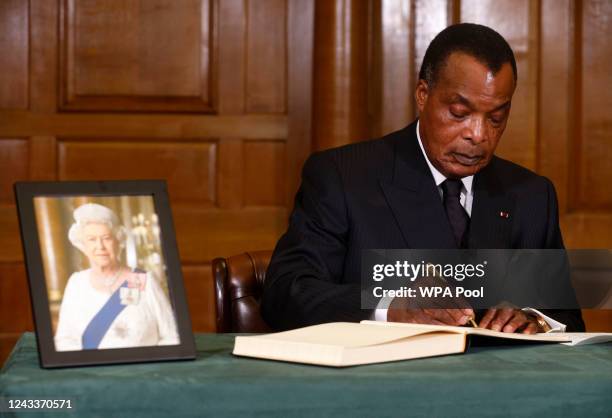 President of the Republic of Congo, Denis Sassou Nguesso signs a book of condolence at Church House following the State Funeral of Queen Elizabeth II...