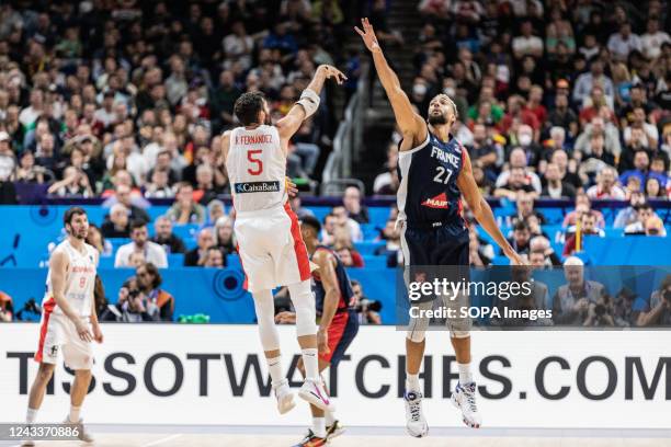 Rudy Fernandez of Spain and Rudy Gobert of France in action during the final of the FIBA Eurobasket 2022 between Spain and France at Mercedes Benz...