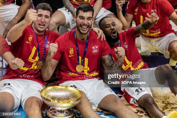 Willy Hernangomez , Lorenzo Brown , and Joel Parra of Spain celebrate after winning the final of the FIBA Eurobasket 2022 between Spain and France at...