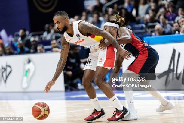 Lorenzo Brown of Spain and Andrew Albicy of France in action during the final of the FIBA Eurobasket 2022 between Spain and France at Mercedes Benz...