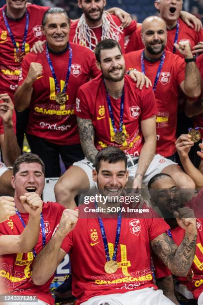 Willy Hernangomez , Lorenzo Brown , and Joel Parra of Spain celebrate after winning the final of the FIBA Eurobasket 2022 between Spain and France at...