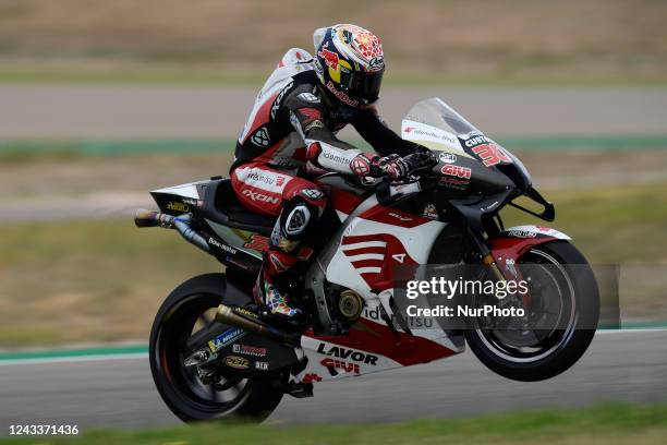 Takaaki Nakagami of Japan and LCR Honda Idemitsu making a wheelie during the race of Gran Premio Animoca Brands de Aragon at Motorland Aragon Circuit...