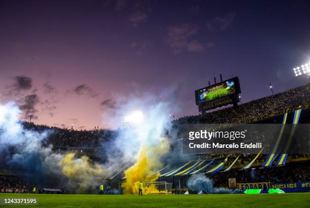 Fans of Boca Juniors cheer for their team prior a match between Boca Juniors and Huracan as part of Liga Profesional 2022 at Estadio Alberto J....