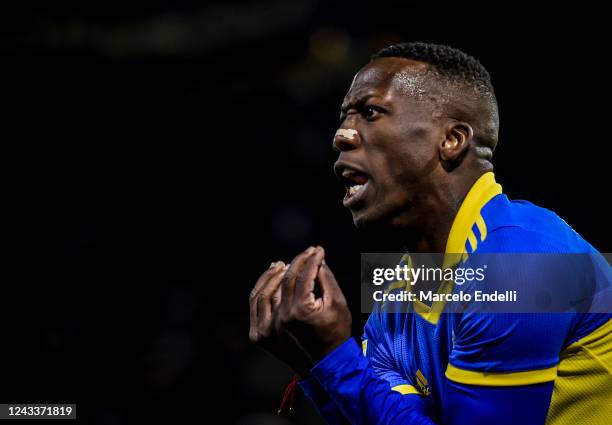 Luis Advincula of Boca Juniors reacts during a match between Boca Juniors and Huracan as part of Liga Profesional 2022 at Estadio Alberto J. Armando...