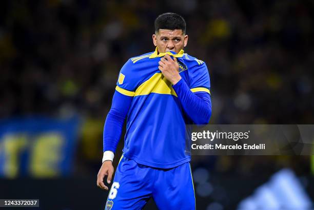 Marcos Rojo of Boca Juniors gestures during a match between Boca Juniors and Huracan as part of Liga Profesional 2022 at Estadio Alberto J. Armando...