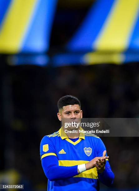 Marcos Rojo of Boca Juniors looks on during a match between Boca Juniors and Huracan as part of Liga Profesional 2022 at Estadio Alberto J. Armando...