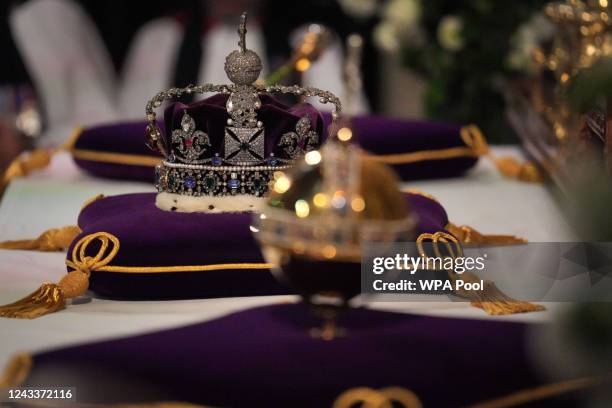 The ImperIal State Crown, orb and sceptre on the high altar during the Committal Service for Queen Elizabeth II, at St George's Chapel in Windsor...