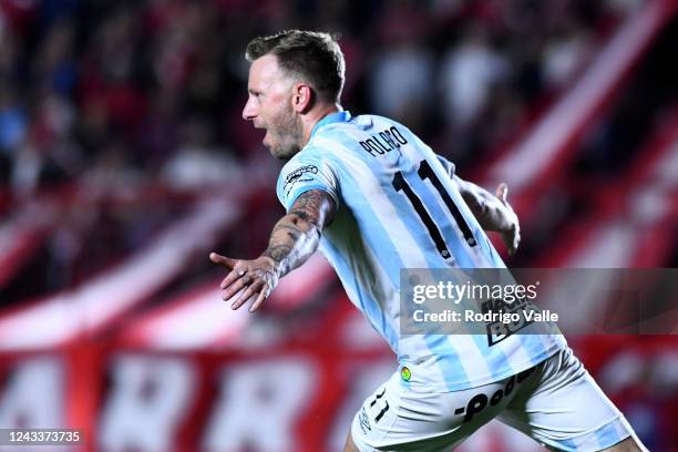 Cristian Menendez of Atletico Tucuman celebrates after scoring the first goal of his team during a match between Argentinos Juniors and Atletico...