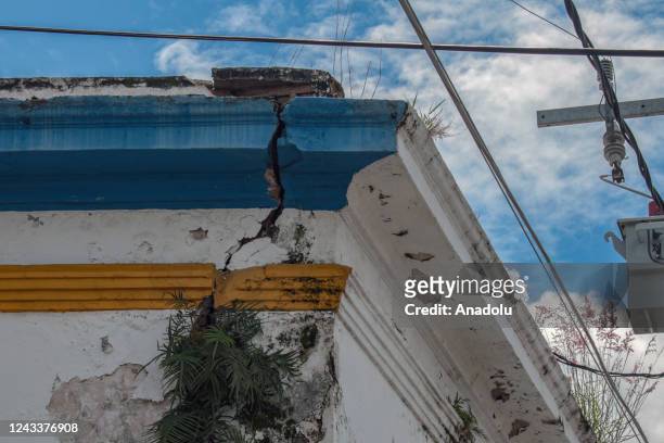 Crack in the masonry of a building is seen aftermath of 7.6 magnitude earthquake in Colima, Mexico, on September 19, 2022. The National Seismological...