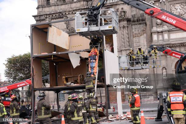 Elements of civil protection, fire corp and volunteers take part during the earthquake drill of magnitude 7.1 Richter scale to teach people how...