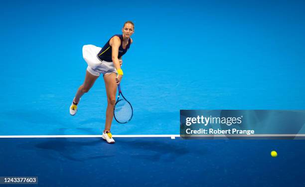 Karolina Pliskova of the Czech Republic in action against Isabella Shinikova of Bulgaria during her first round match on Day 2 of the Toray Pan...