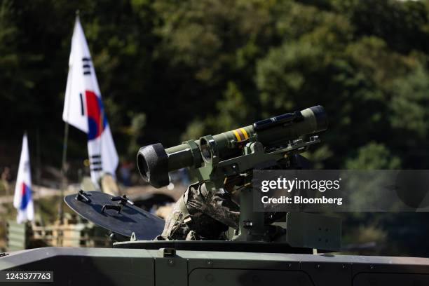 South Korean army with Cheongung surface-to-air missile during a live-fire exercise at the Defense Expo Korea 2022 at a military base in Pocheon,...