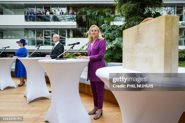 Dutch Finance minister Sigrid Kaag makes a statement prior to sign the documents for the House of Representatives on Prinsjesdag in The Hague, on...