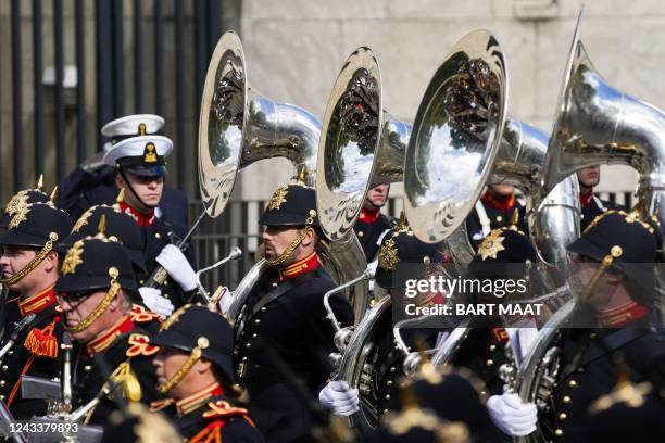 Members of a military music band prepare in front of the Royal Theatre, known as Koninklijke Schouwburg, during the Prince's Day in The Hague on...