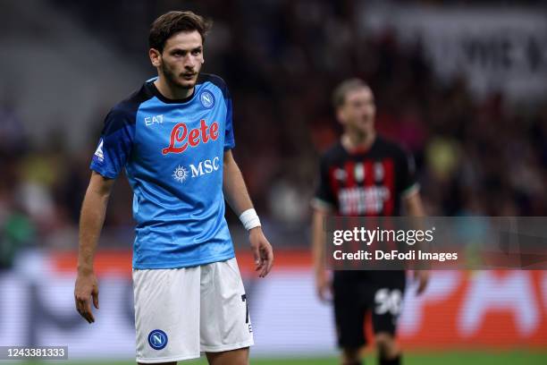 Khvicha Kvaratskhelia of SSC Napoli looks on during the Serie A match between AC MIlan and SSC Napoli at Stadio Giuseppe Meazza on September 18, 2022...