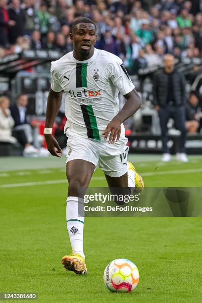 Marcus Thuram of Borussia Moenchengladbach controls the ball during the Bundesliga match between Borussia Mönchengladbach and RB Leipzig at...