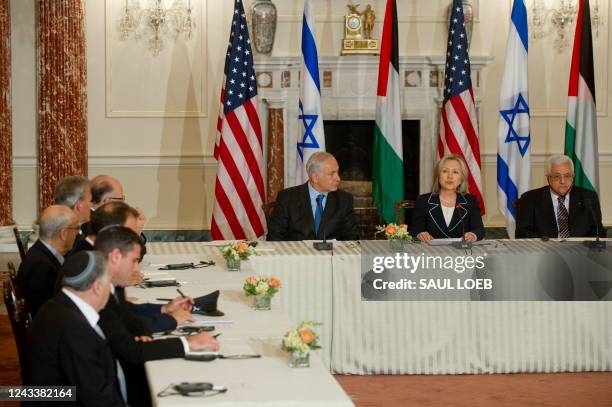 Secretary of State Hillary Clinton speaks as she hosts peace talks between Prime Minister Benjamin Netanyahu of Israel and President Mahmoud Abbas of...