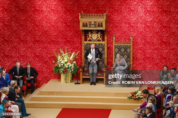 Netherlands' King Willem-Alexander and Queen Maxima are seen after delivering the Speech during the Prince Day ceremony at the Royal Theater, known...