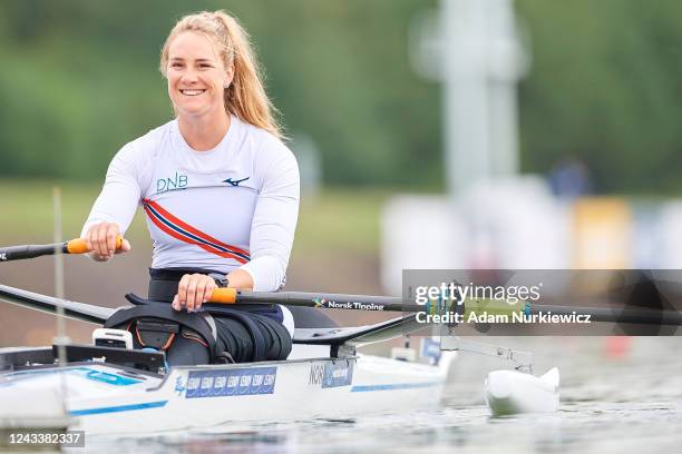 Birgit Skarstein from Norway smiles before PR1 Womens Single Sculls qualifications during 2022 World Rowing Championships on September 20, 2022 in...