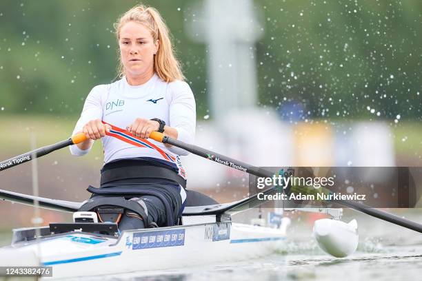 Birgit Skarstein from Norway competes in PR1 Womens Single Sculls qualifications during 2022 World Rowing Championships on September 20, 2022 in...