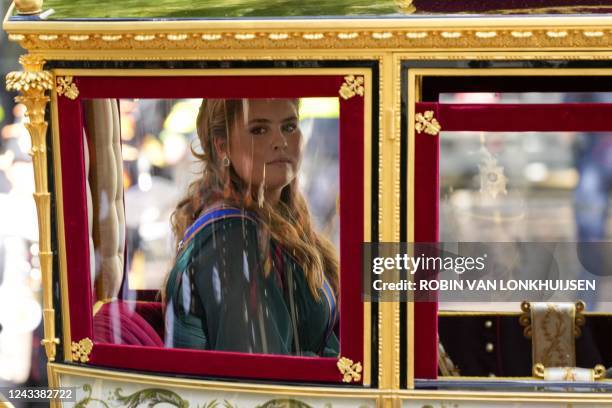 Crown Princess Catharina-Amalia of Netherlands arrives at the Royal Theater, known as Koninklijke Schouwburg, to attend the Prince Day ceremony in...