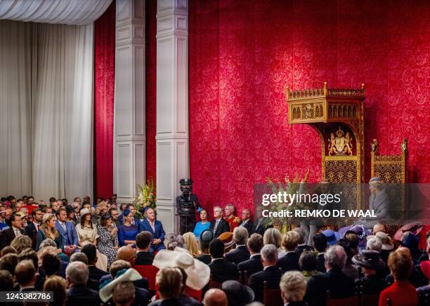 Netherlands' King Willem-Alexander delivers his Speech as Queen Maxima sits next to him during the Prince Day ceremony at the Royal Theater, known as...