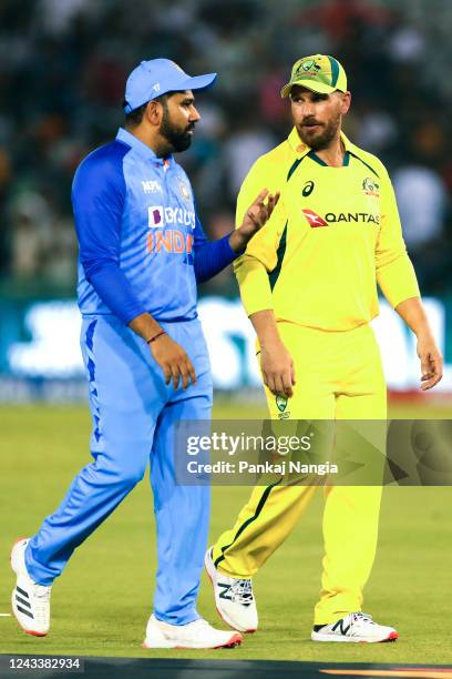 Aaron Finch of Australia and Rohit Sharma of India at the toss during game one of the T20 International series between India and Australia at Punjab...