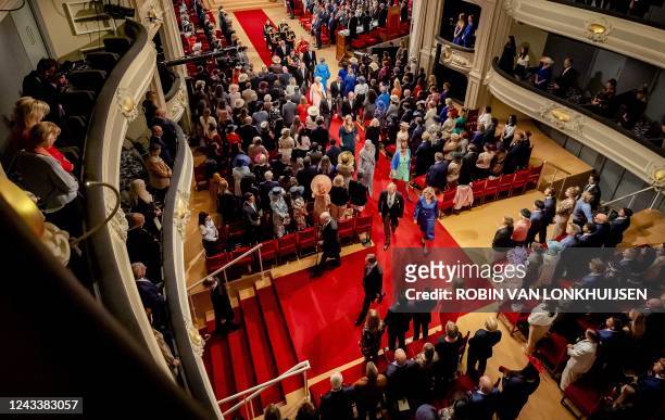 Netherlands' King Willem-Alexander and Queen Maxima leave after delivering the Speech during the Prince Day ceremony at the Royal Theater, known as...