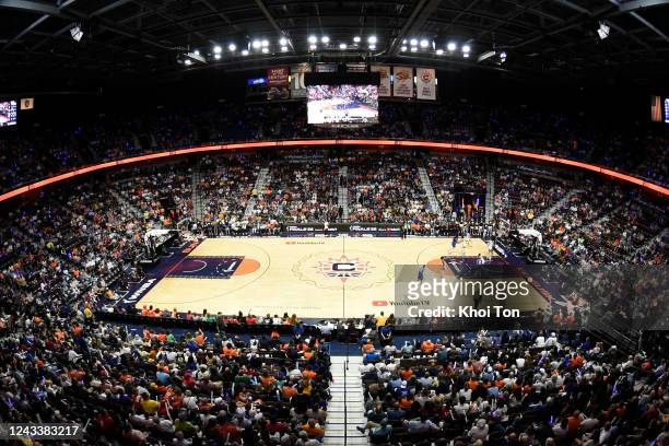 Image was taken with a circular fisheye lens - Overall view of the arena during the game between the Las Vegas Aces and the Connecticut Sun during...