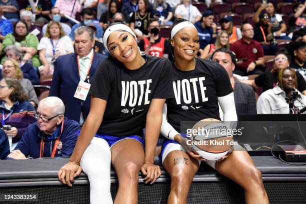 DiJonai Carrington and Odyssey Sims pose for a photograph during the game against the Las Vegas Aces during the WNBA Finals Game 4 on September 18,...