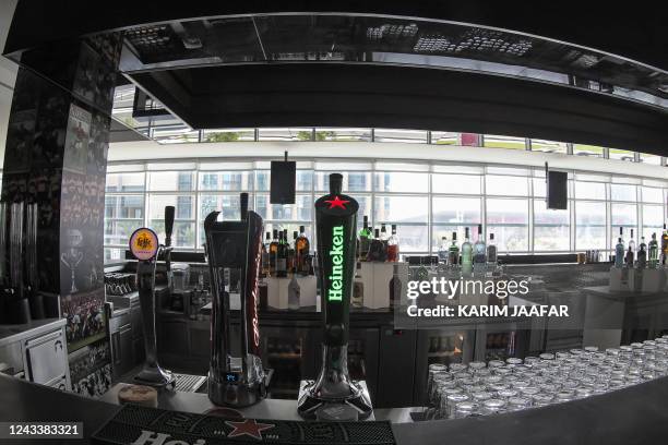 This picture taken with a fisheye lens shows a view of a bar area at the Pullman Doha Hotel, which will serve as a base camp for the Uruguay national...