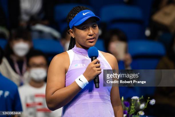 Naomi Osaka of Japan during her post-match interview after defeating Daria Saville of Australia in her first round match on Day 2 of the Toray Pan...