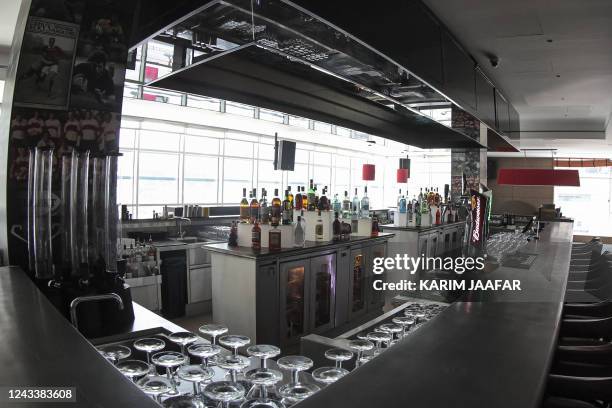 This picture taken with a fisheye lens shows a view of a bar area at the Pullman Doha Hotel, which will serve as a base camp for the Uruguay national...