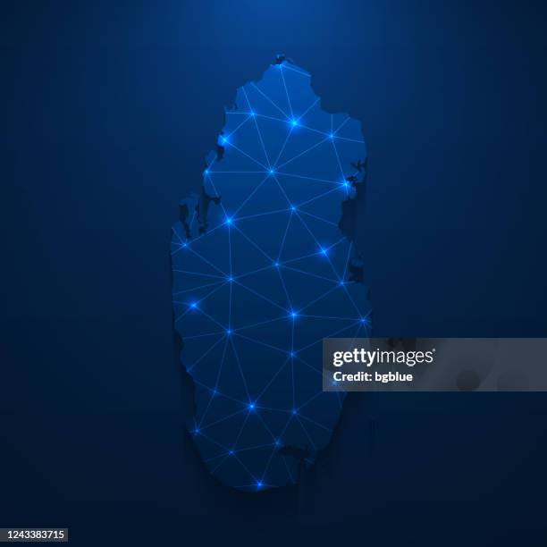 qatar map network - bright mesh on dark blue background - qatar stock illustrations