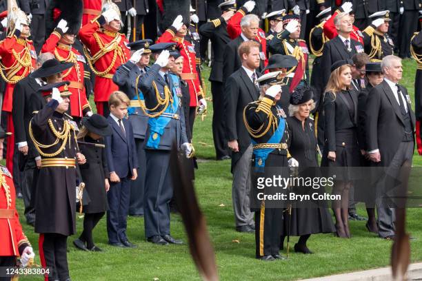 Britain's King Charles III, Camilla, Queen Consort, Prince Andrew, Duke of York, Princess Beatrice, Princess Eugenie, Prince William, Prince of...