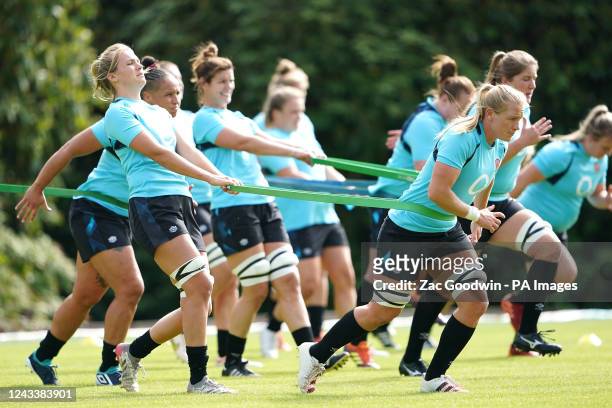 England's Alex Matthews and Zoe Aldcroft during the training session at Pennyhill Park, London.