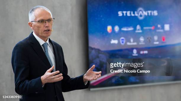 Carlos Tavares, chief executive officer of Stellantis NV, speaks during a press conference following a meeting with the local authorities of Turin...