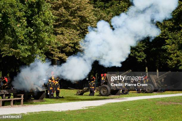 The Yellow Riders fire a gun salute as a tribute to King Willem Alexander on Prinsjesdag, the day of the opening of parliament on September 20, 2022...