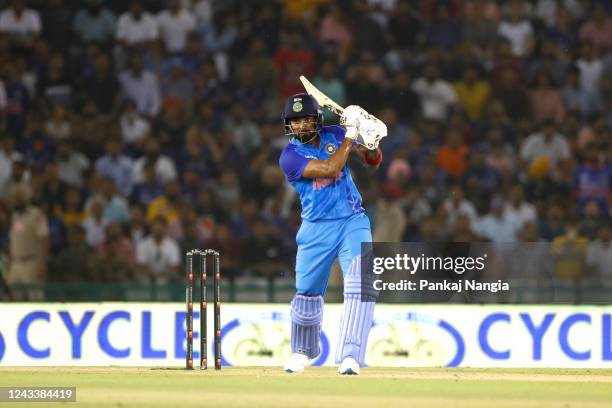 Rahul of India of India plays a shot during game one of the T20 International series between India and Australia at Punjab Cricket Association...