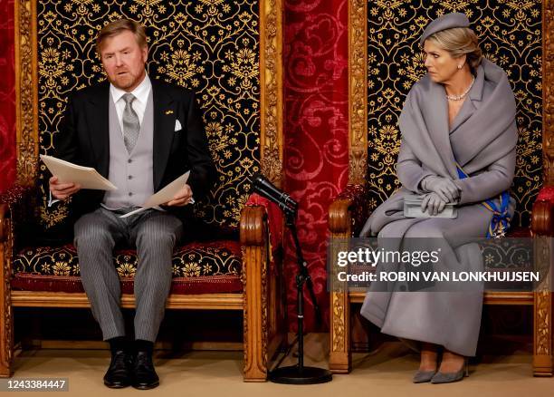 King Willem-Alexander flanked by Queen Maxima reads the Speech from the Throne to members of the Senate and House of Representatives in the...