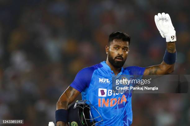 Hardik Pandya of India looks on plays a shot between India and Australia at Punjab Cricket Association Stadium on September 20, 2022 in Mohali, India.