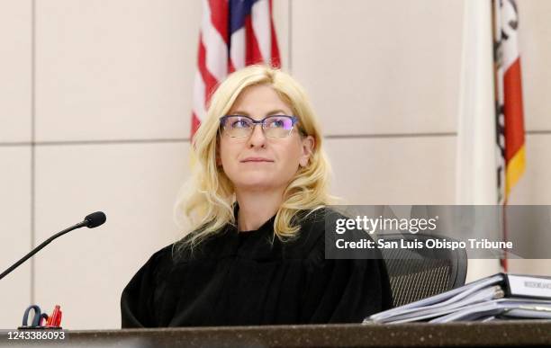 Judge Jennifer J. OâKeefe for Monterey County glances at a slide of a photo of evidence at the Kristin Smart murder trial on Sept. 19 at the Monterey...