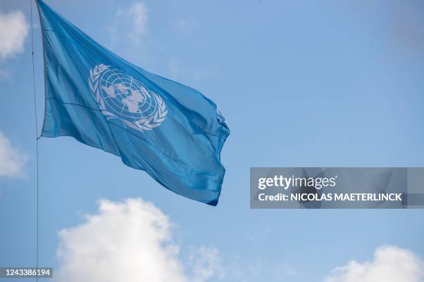 Logo flag pictured at the 77th session of the United Nations General Assembly , in New York City, United States of America, Tuesday 20 September...